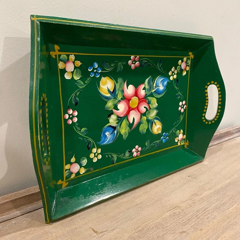 Hand Painted Vintage Wooden Tray | Floral Pattern